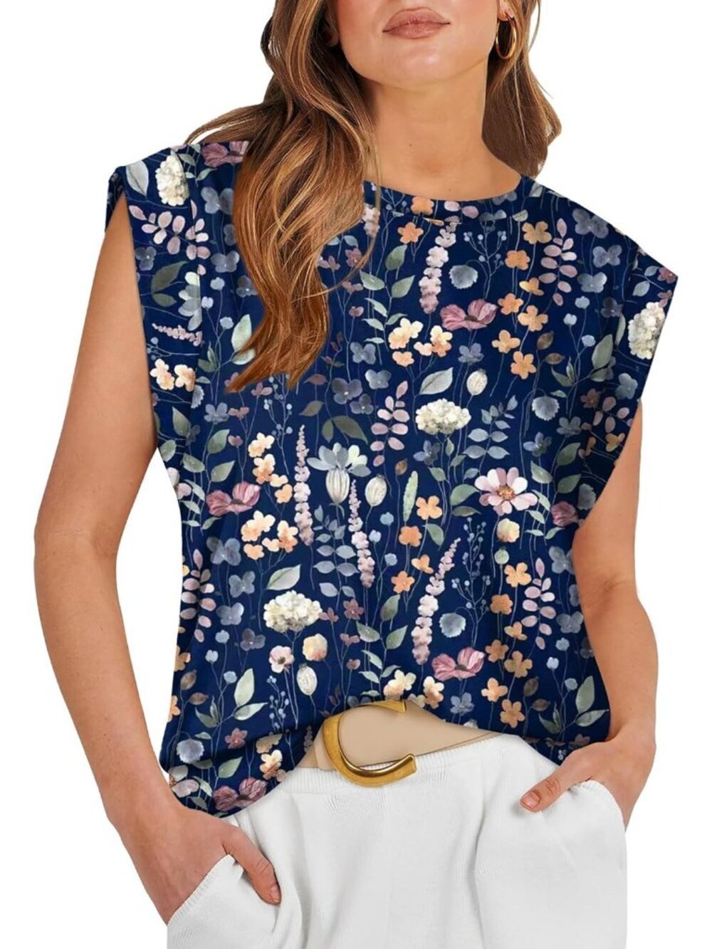 Women's Blue Floral Cap Sleeve Business Casual Loose Fit Summer Tank Top Fashion